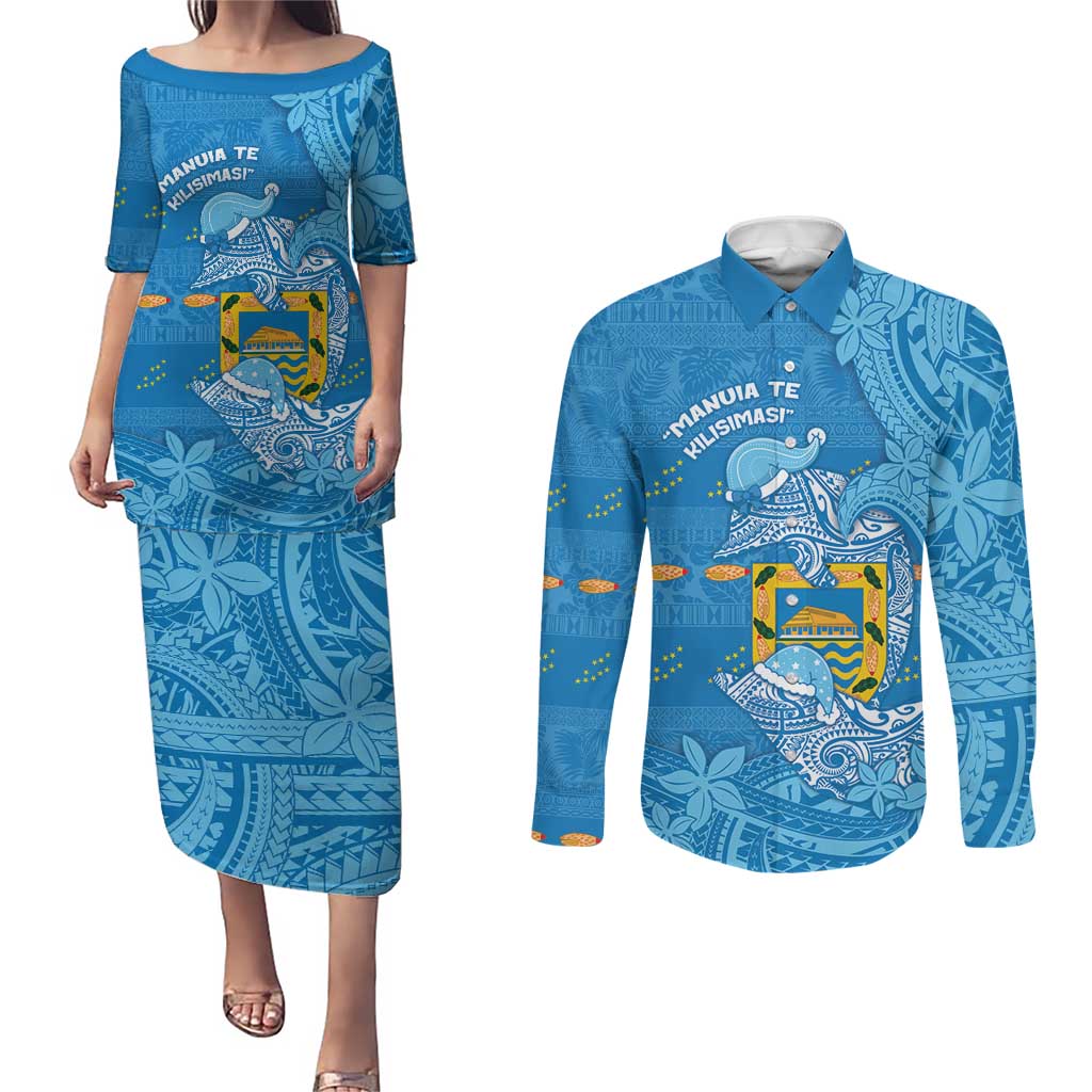 Tuvalu Christmas Couples Matching Puletasi and Long Sleeve Button Shirt Dolphins Santa Xmas Tribal Waves - Polynesian Pride