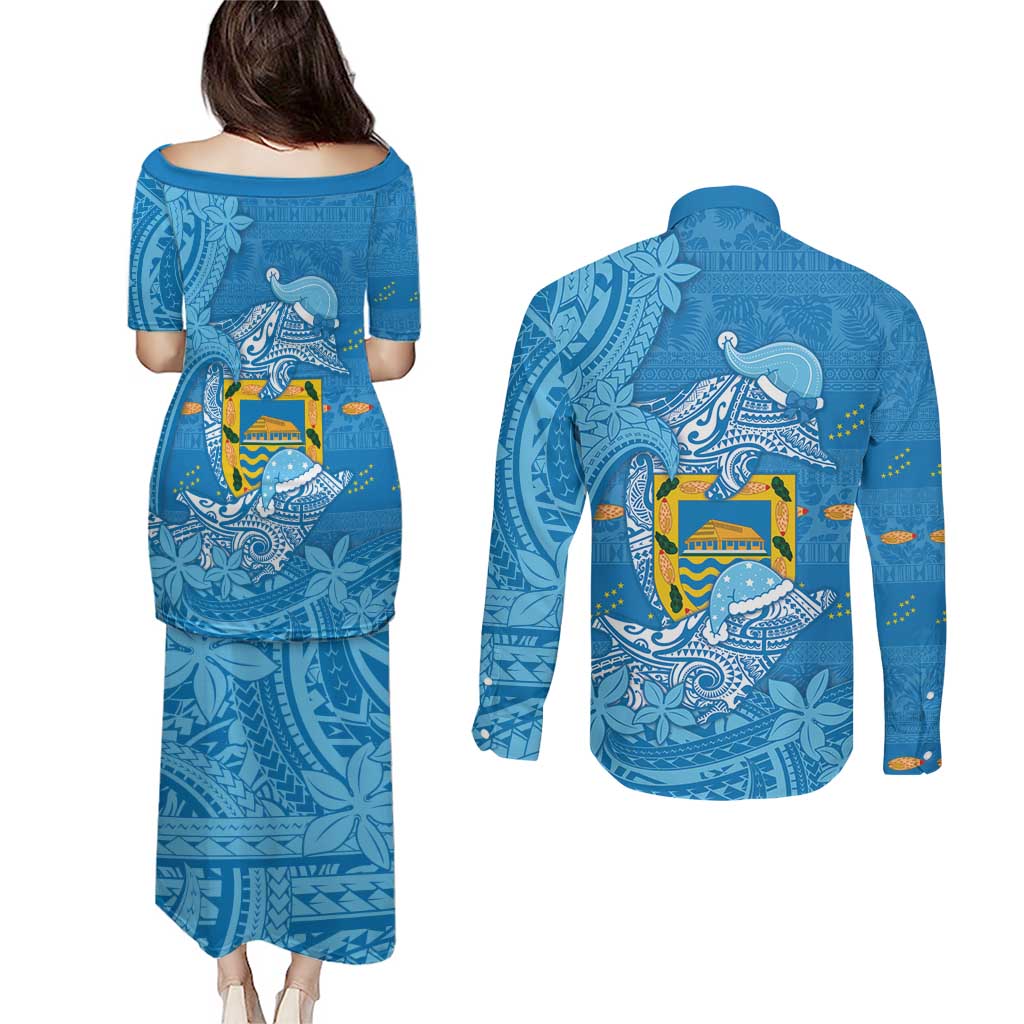 Tuvalu Christmas Couples Matching Puletasi and Long Sleeve Button Shirt Dolphins Santa Xmas Tribal Waves - Polynesian Pride