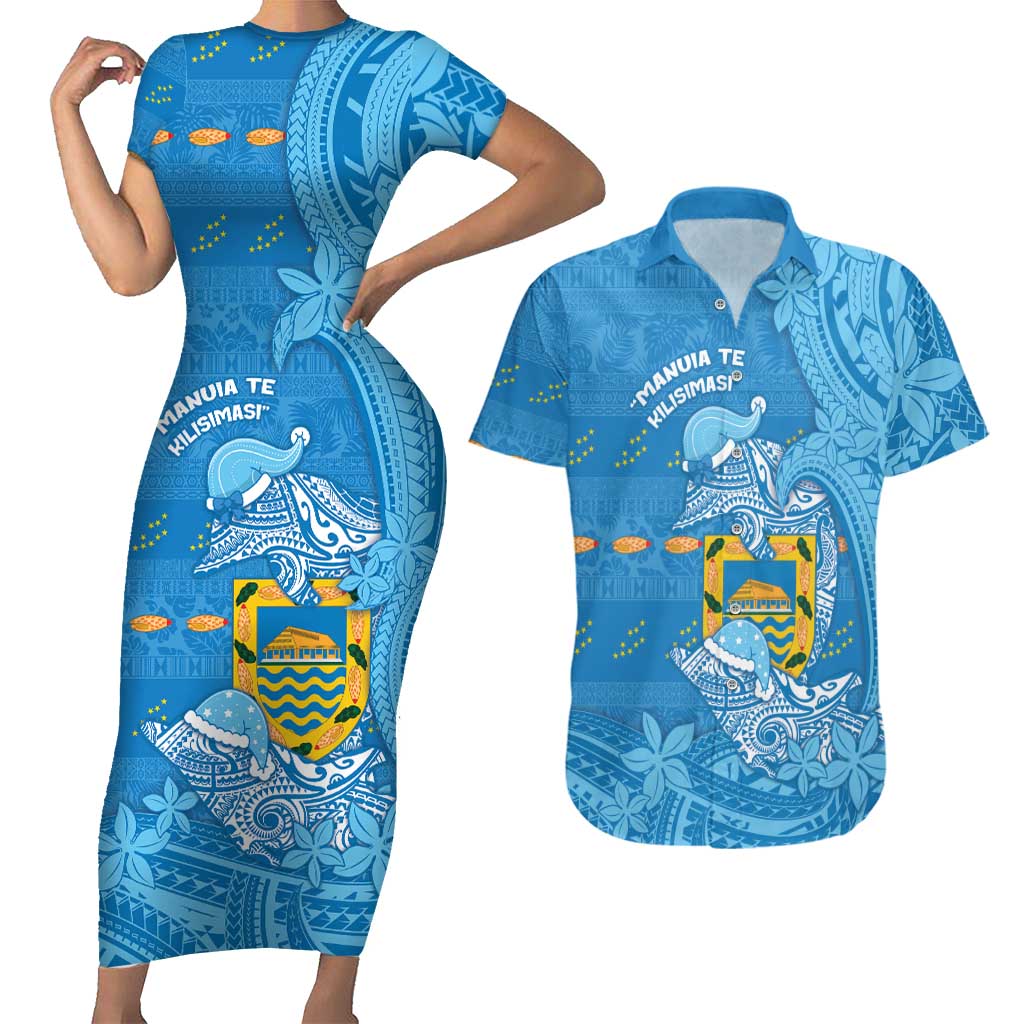 Tuvalu Christmas Couples Matching Short Sleeve Bodycon Dress and Hawaiian Shirt Dolphins Santa Xmas Tribal Waves DT05 Blue - Polynesian Pride