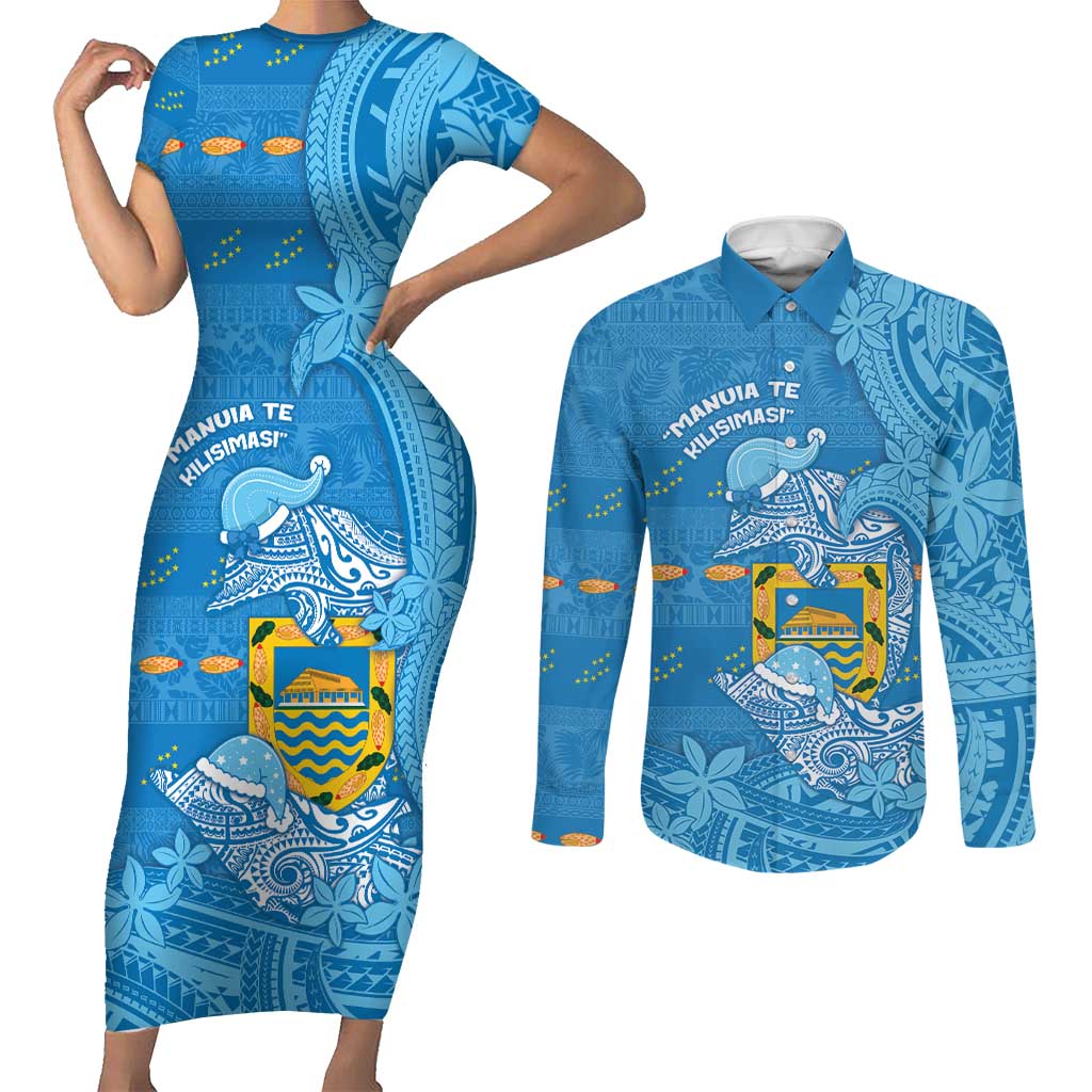 Tuvalu Christmas Couples Matching Short Sleeve Bodycon Dress and Long Sleeve Button Shirt Dolphins Santa Xmas Tribal Waves - Polynesian Pride