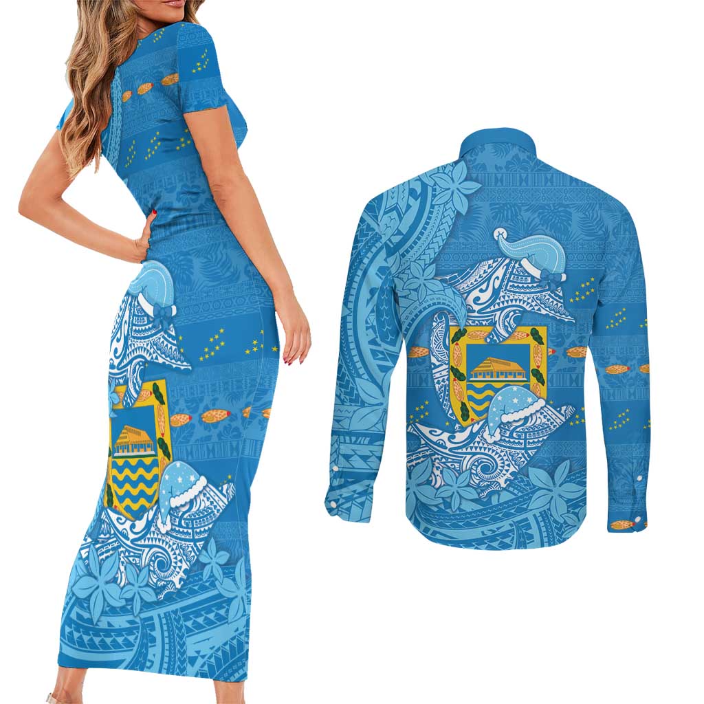 Tuvalu Christmas Couples Matching Short Sleeve Bodycon Dress and Long Sleeve Button Shirt Dolphins Santa Xmas Tribal Waves - Polynesian Pride