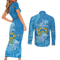 Tuvalu Christmas Couples Matching Short Sleeve Bodycon Dress and Long Sleeve Button Shirt Dolphins Santa Xmas Tribal Waves - Polynesian Pride