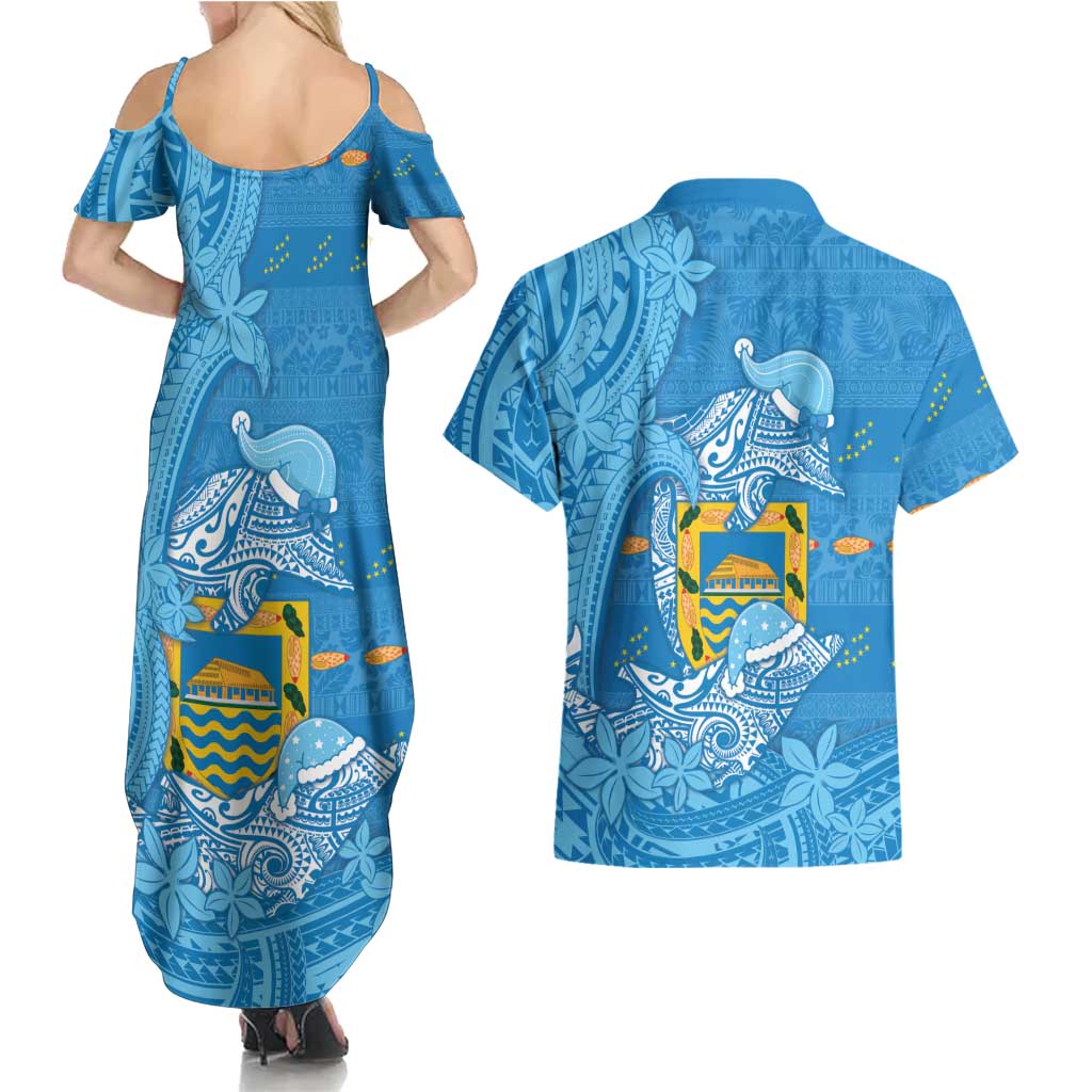 Tuvalu Christmas Couples Matching Summer Maxi Dress and Hawaiian Shirt Dolphins Santa Xmas Tribal Waves - Polynesian Pride