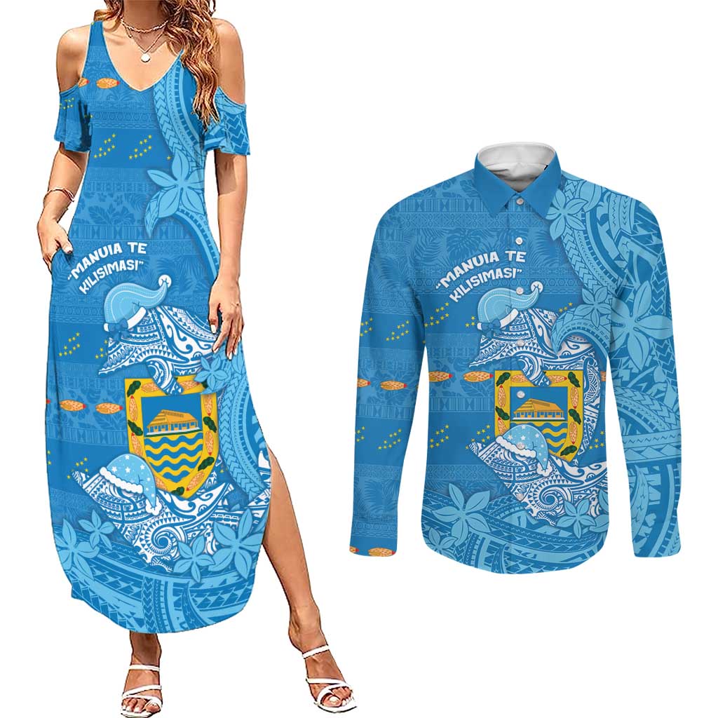 Tuvalu Christmas Couples Matching Summer Maxi Dress and Long Sleeve Button Shirt Dolphins Santa Xmas Tribal Waves - Polynesian Pride