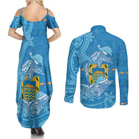 Tuvalu Christmas Couples Matching Summer Maxi Dress and Long Sleeve Button Shirt Dolphins Santa Xmas Tribal Waves - Polynesian Pride