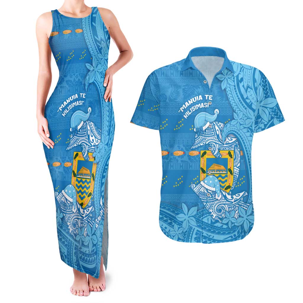 Tuvalu Christmas Couples Matching Tank Maxi Dress and Hawaiian Shirt Dolphins Santa Xmas Tribal Waves - Polynesian Pride