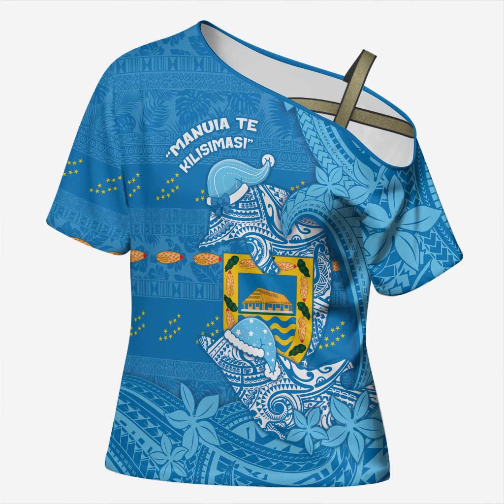 Tuvalu Christmas Cross Shoulder Shirt Dolphins Santa Xmas Tribal Waves - Polynesian Pride