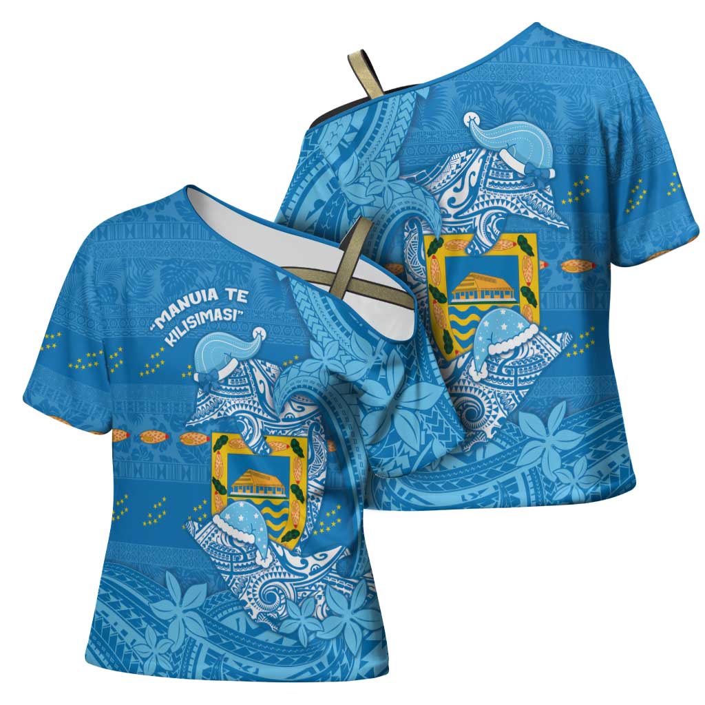 Tuvalu Christmas Cross Shoulder Shirt Dolphins Santa Xmas Tribal Waves - Polynesian Pride