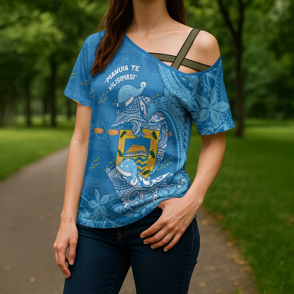 Tuvalu Christmas Cross Shoulder Shirt Dolphins Santa Xmas Tribal Waves - Polynesian Pride