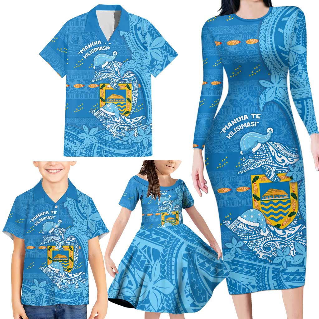 Tuvalu Christmas Family Matching Long Sleeve Bodycon Dress and Hawaiian Shirt Dolphins Santa Xmas Tribal Waves DT05 - Polynesian Pride