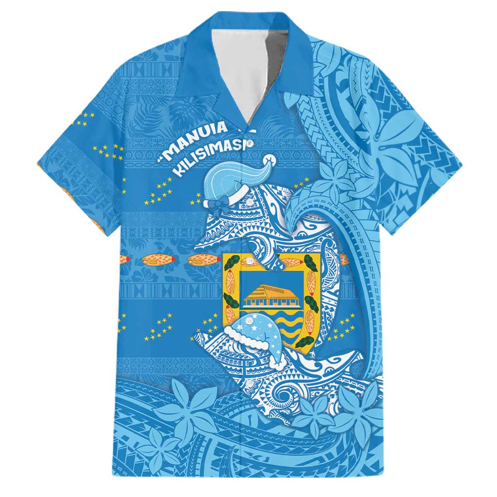 Tuvalu Christmas Family Matching Long Sleeve Bodycon Dress and Hawaiian Shirt Dolphins Santa Xmas Tribal Waves DT05 Dad's Shirt - Short Sleeve Blue - Polynesian Pride
