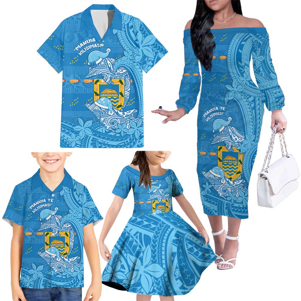 Tuvalu Christmas Family Matching Off The Shoulder Long Sleeve Dress and Hawaiian Shirt Dolphins Santa Xmas Tribal Waves DT05 - Polynesian Pride