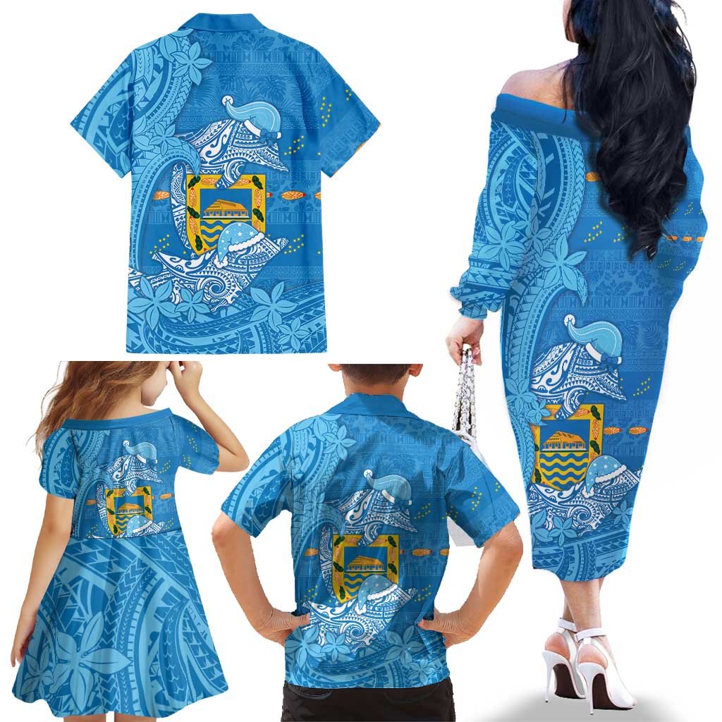 Tuvalu Christmas Family Matching Off The Shoulder Long Sleeve Dress and Hawaiian Shirt Dolphins Santa Xmas Tribal Waves DT05 - Polynesian Pride