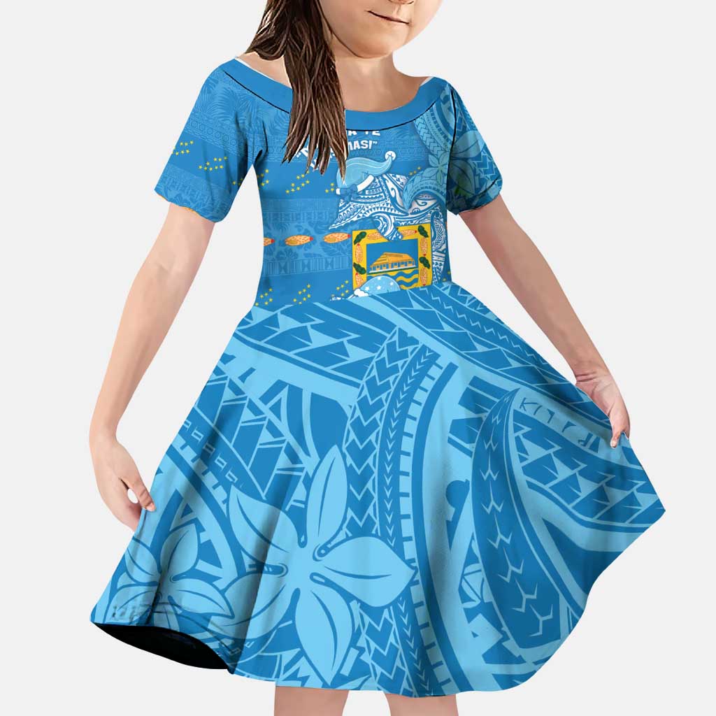 Tuvalu Christmas Family Matching Off Shoulder Short Dress and Hawaiian Shirt Dolphins Santa Xmas Tribal Waves DT05 Daughter's Dress Blue - Polynesian Pride
