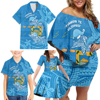 Tuvalu Christmas Family Matching Off Shoulder Short Dress and Hawaiian Shirt Dolphins Santa Xmas Tribal Waves DT05 - Polynesian Pride