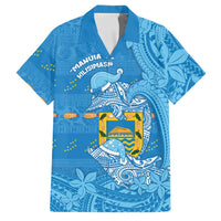 Tuvalu Christmas Family Matching Off Shoulder Short Dress and Hawaiian Shirt Dolphins Santa Xmas Tribal Waves DT05 Dad's Shirt - Short Sleeve Blue - Polynesian Pride