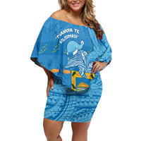 Tuvalu Christmas Family Matching Off Shoulder Short Dress and Hawaiian Shirt Dolphins Santa Xmas Tribal Waves DT05 Mom's Dress Blue - Polynesian Pride