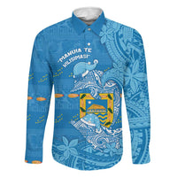 Tuvalu Christmas Family Matching Puletasi and Hawaiian Shirt Dolphins Santa Xmas Tribal Waves DT05 Dad's Shirt - Long Sleeve Blue - Polynesian Pride