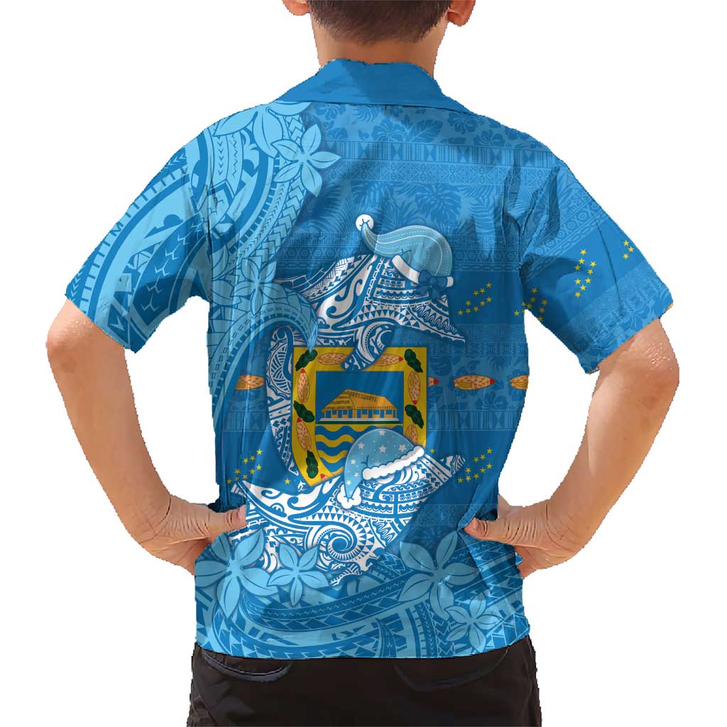 Tuvalu Christmas Family Matching Short Sleeve Bodycon Dress and Hawaiian Shirt Dolphins Santa Xmas Tribal Waves DT05 - Polynesian Pride