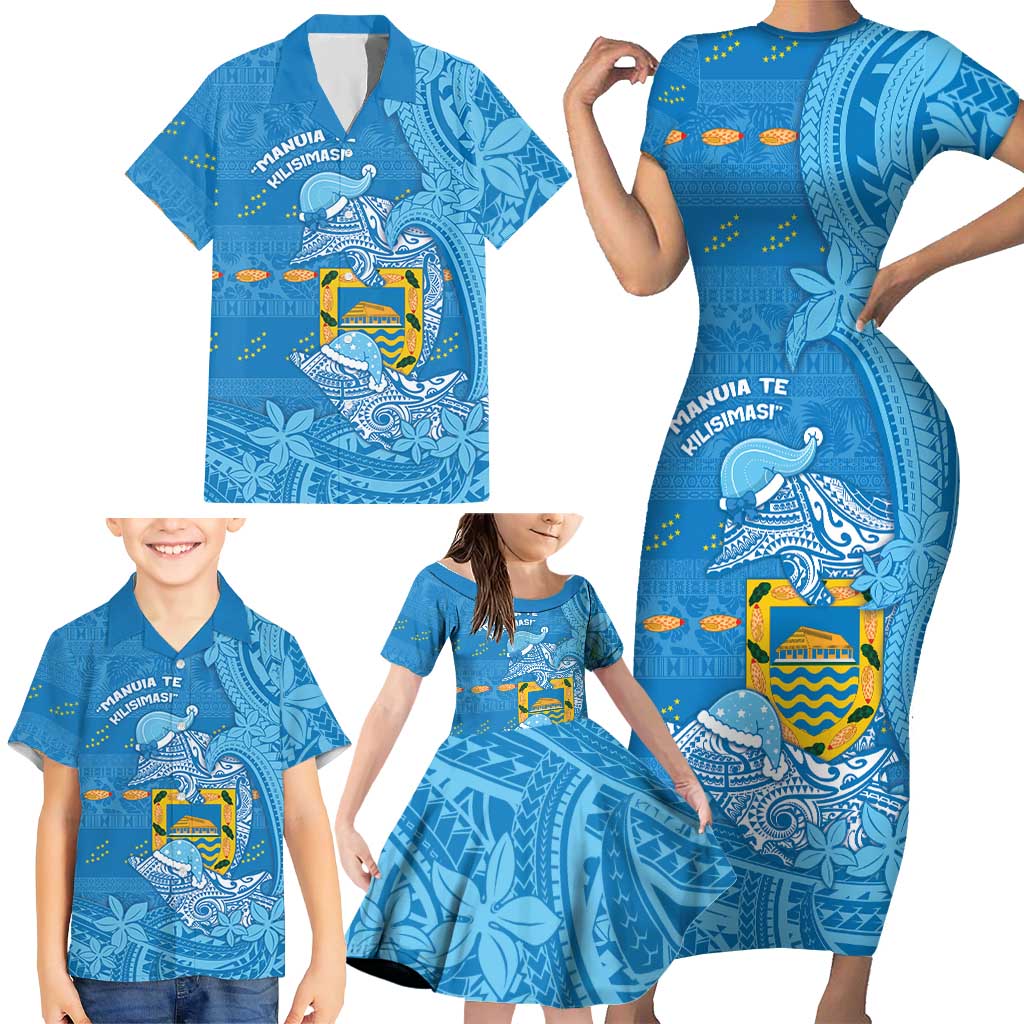 Tuvalu Christmas Family Matching Short Sleeve Bodycon Dress and Hawaiian Shirt Dolphins Santa Xmas Tribal Waves - Polynesian Pride