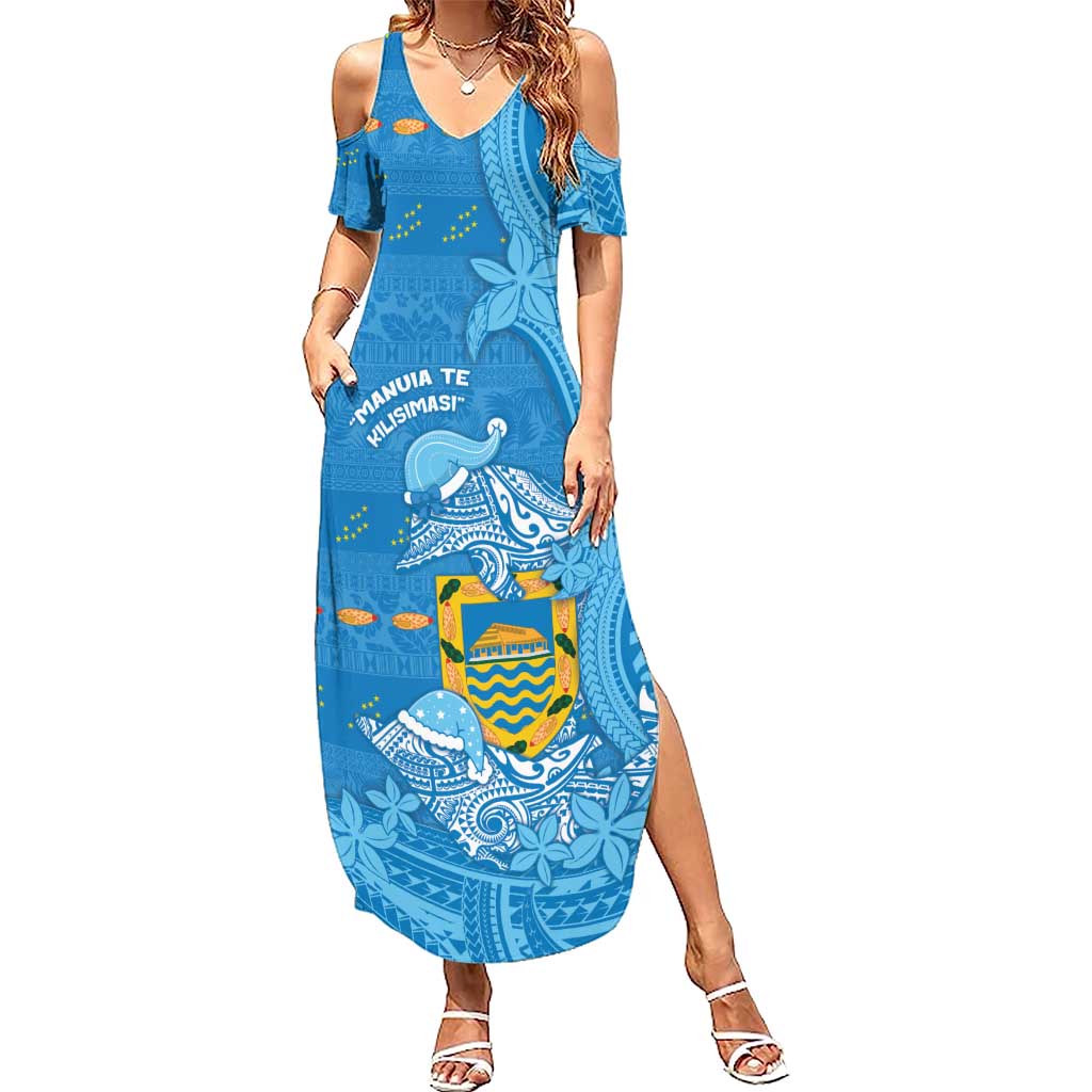 Tuvalu Christmas Family Matching Summer Maxi Dress and Hawaiian Shirt Dolphins Santa Xmas Tribal Waves DT05 Mom's Dress Blue - Polynesian Pride