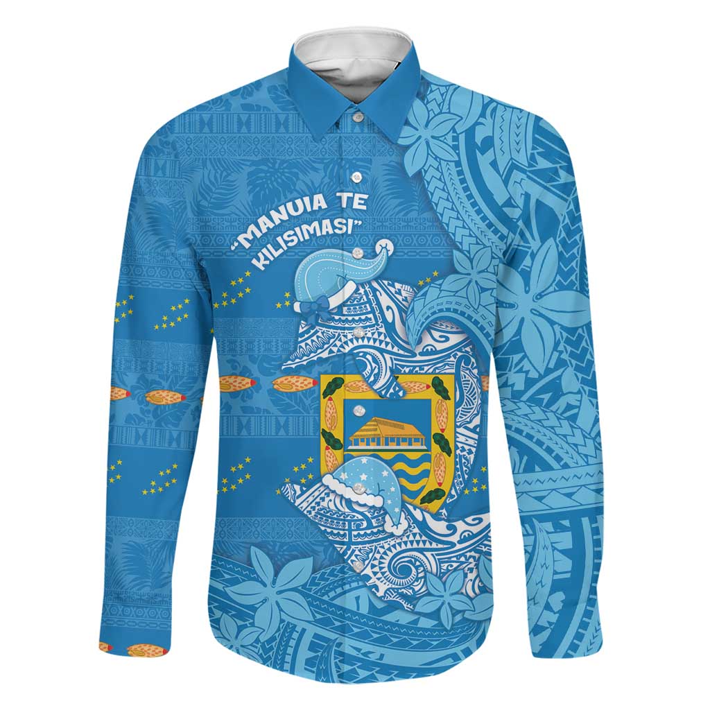 Tuvalu Christmas Family Matching Tank Maxi Dress and Hawaiian Shirt Dolphins Santa Xmas Tribal Waves DT05 Dad's Shirt - Long Sleeve Blue - Polynesian Pride