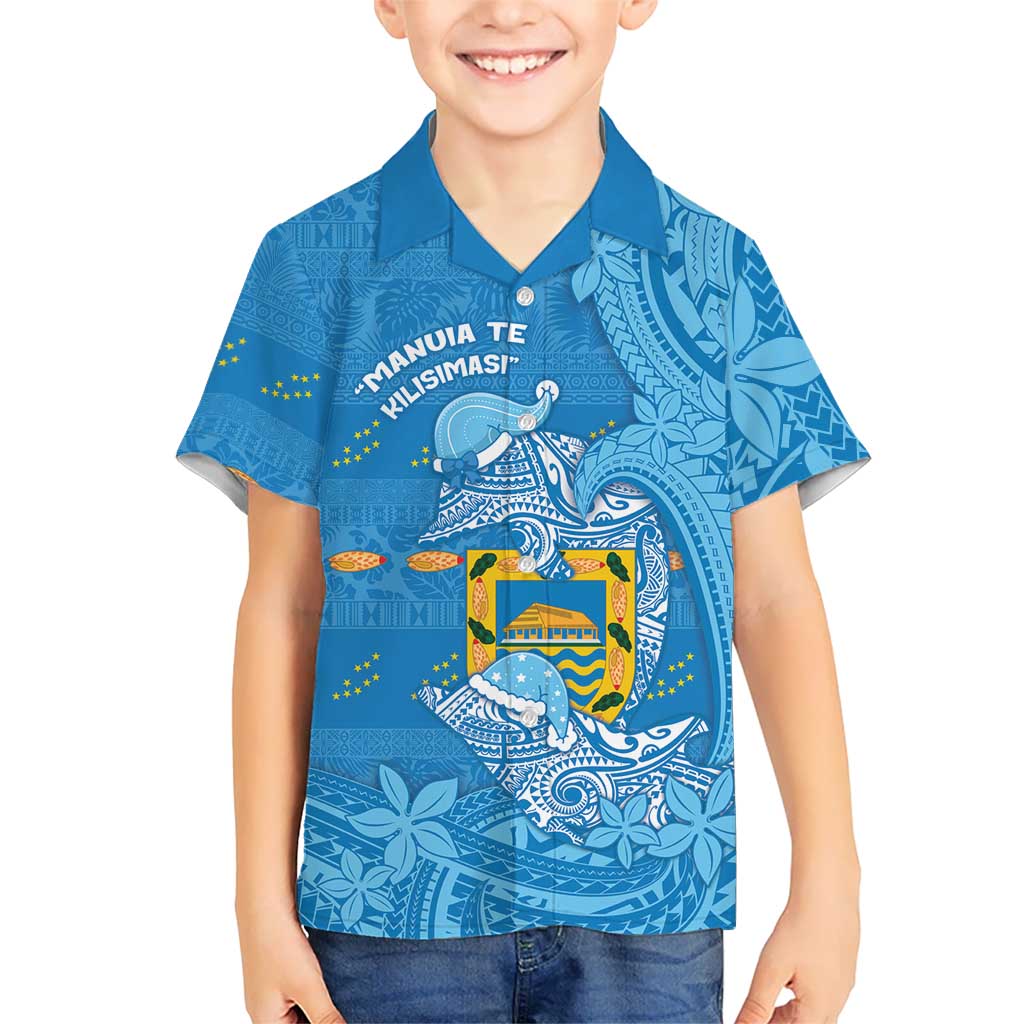 Tuvalu Christmas Family Matching Tank Maxi Dress and Hawaiian Shirt Dolphins Santa Xmas Tribal Waves DT05 Son's Shirt Blue - Polynesian Pride