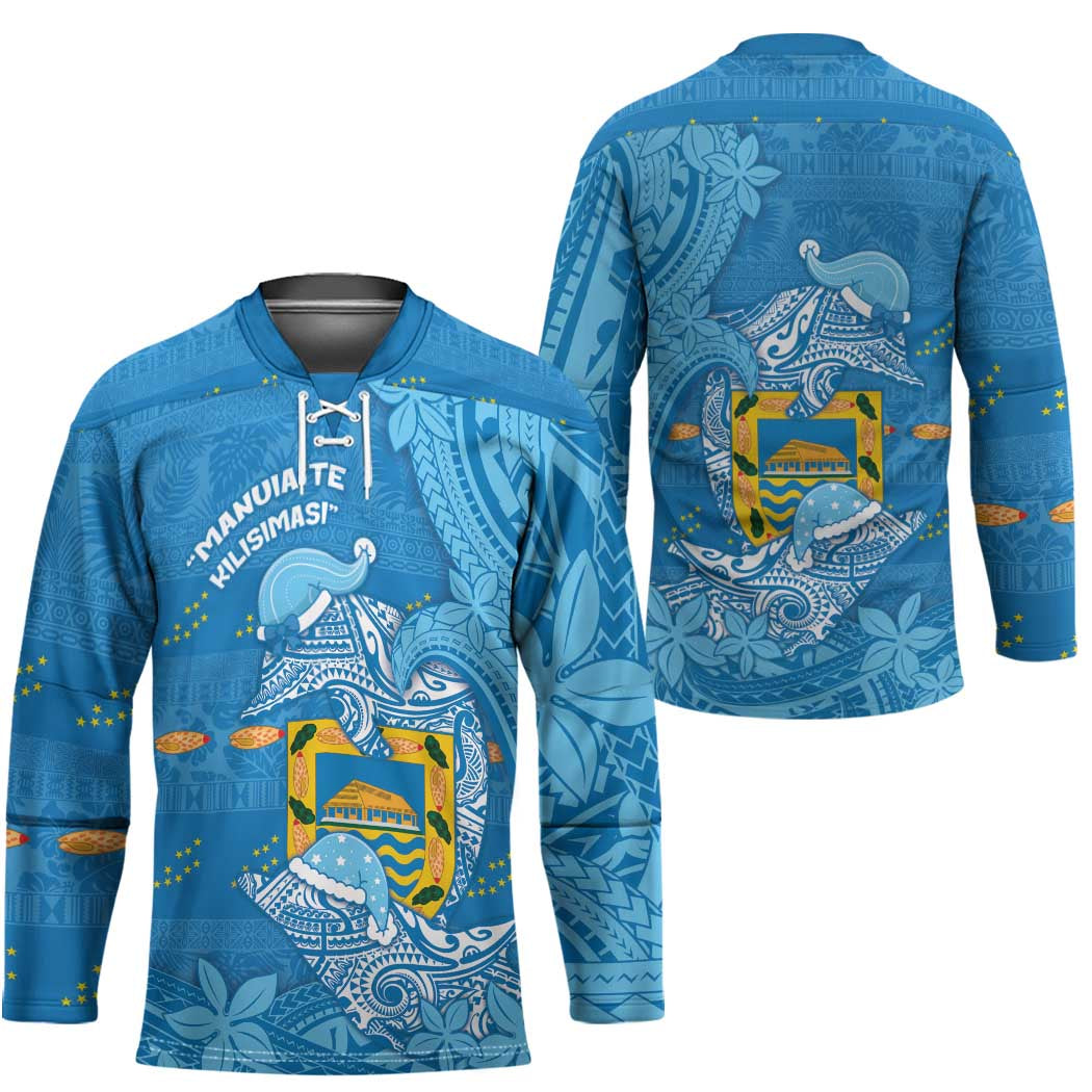 Tuvalu Christmas Hockey Jersey Dolphins Santa Xmas Tribal Waves - Polynesian Pride