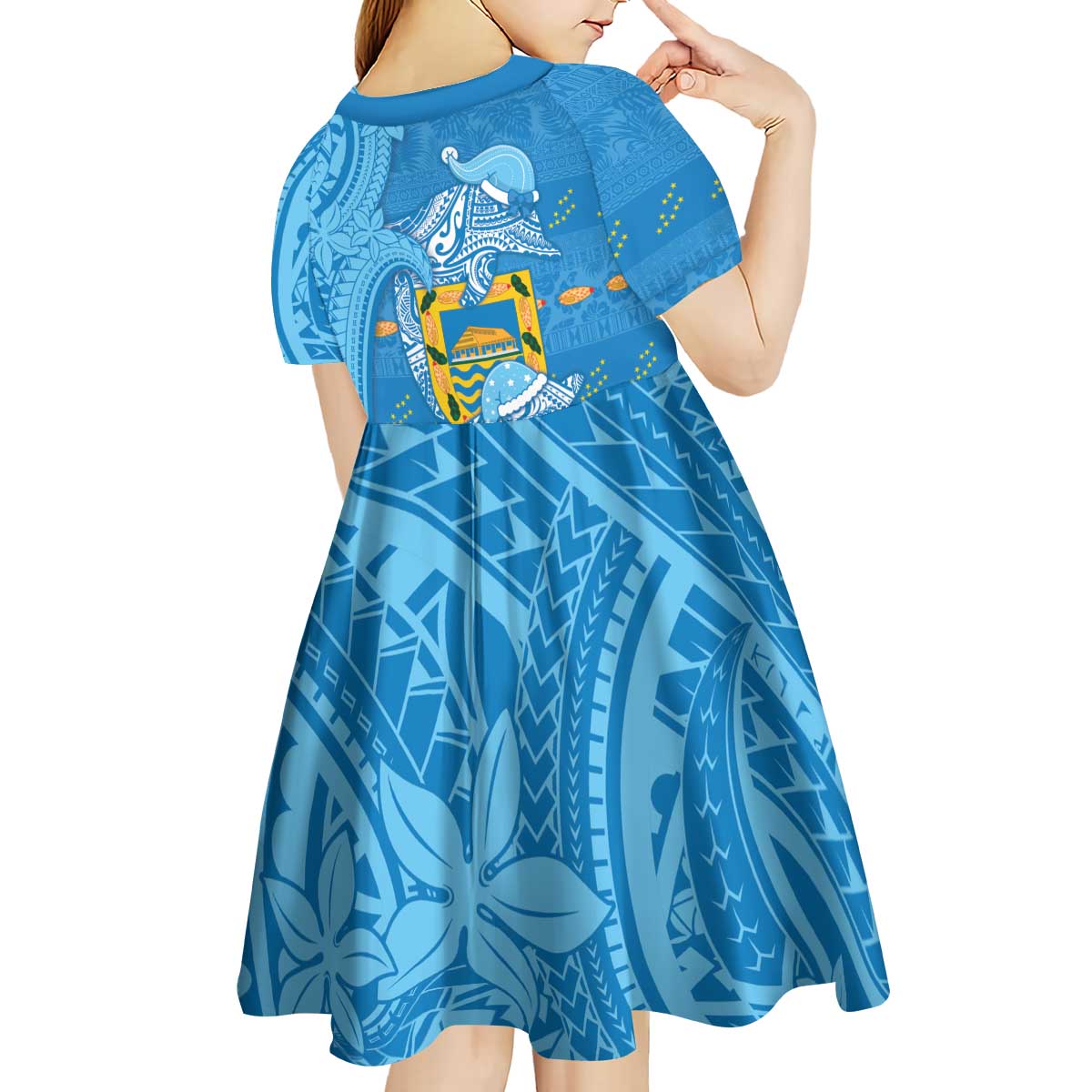 Tuvalu Christmas Kid Short Sleeve Dress Dolphins Santa Xmas Tribal Waves - Polynesian Pride