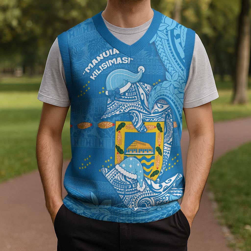 Tuvalu Christmas Knitted V-Neck Vest Dolphins Santa Xmas Tribal Waves - Polynesian Pride