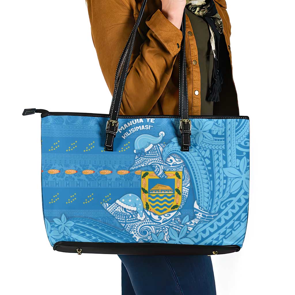 Tuvalu Christmas Leather Tote Bag Dolphins Santa Xmas Tribal Waves - Polynesian Pride