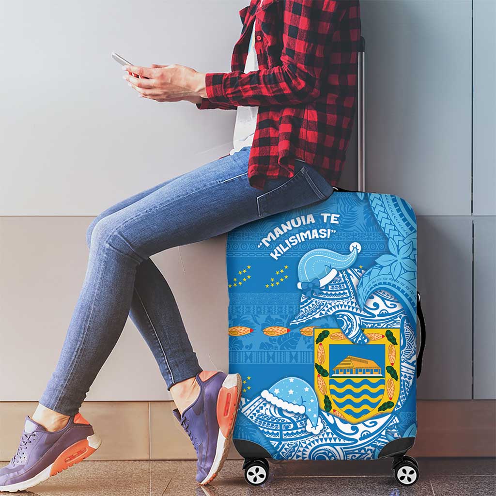 Tuvalu Christmas Luggage Cover Dolphins Santa Xmas Tribal Waves - Polynesian Pride