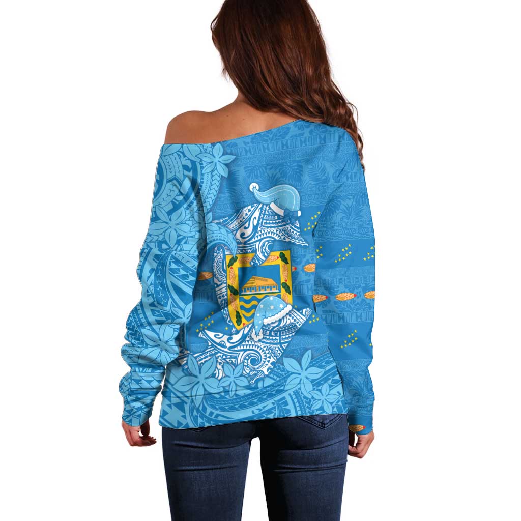 Tuvalu Christmas Off Shoulder Sweater Dolphins Santa Xmas Tribal Waves - Polynesian Pride