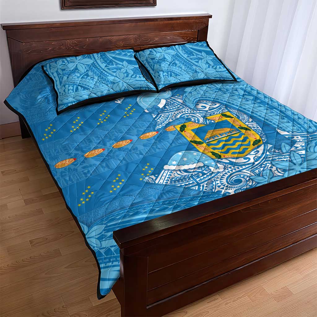 Tuvalu Christmas Quilt Bed Set Dolphins Santa Xmas Tribal Waves - Polynesian Pride