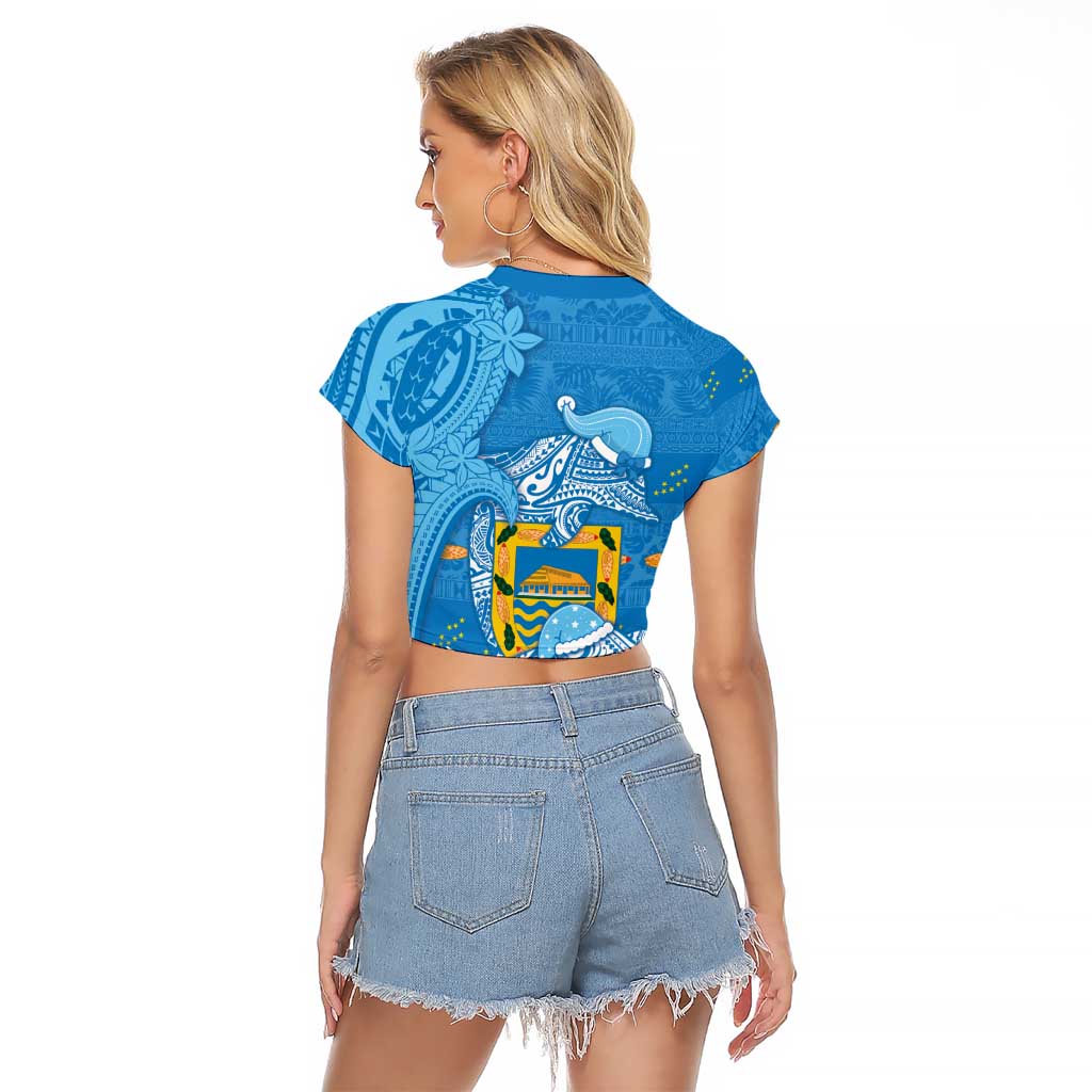 Tuvalu Christmas Raglan Cropped T Shirt Dolphins Santa Xmas Tribal Waves - Polynesian Pride