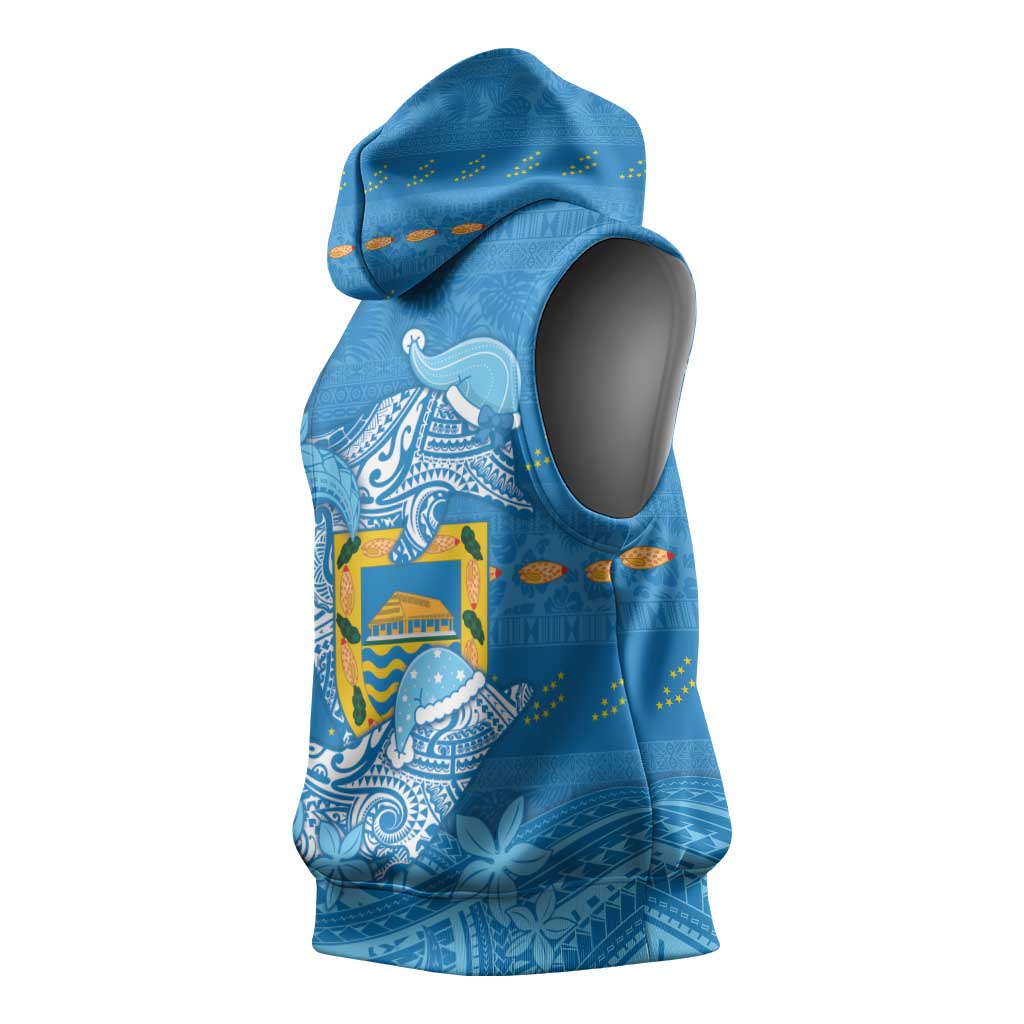 Tuvalu Christmas Sleeveless Hoodie Dolphins Santa Xmas Tribal Waves - Polynesian Pride