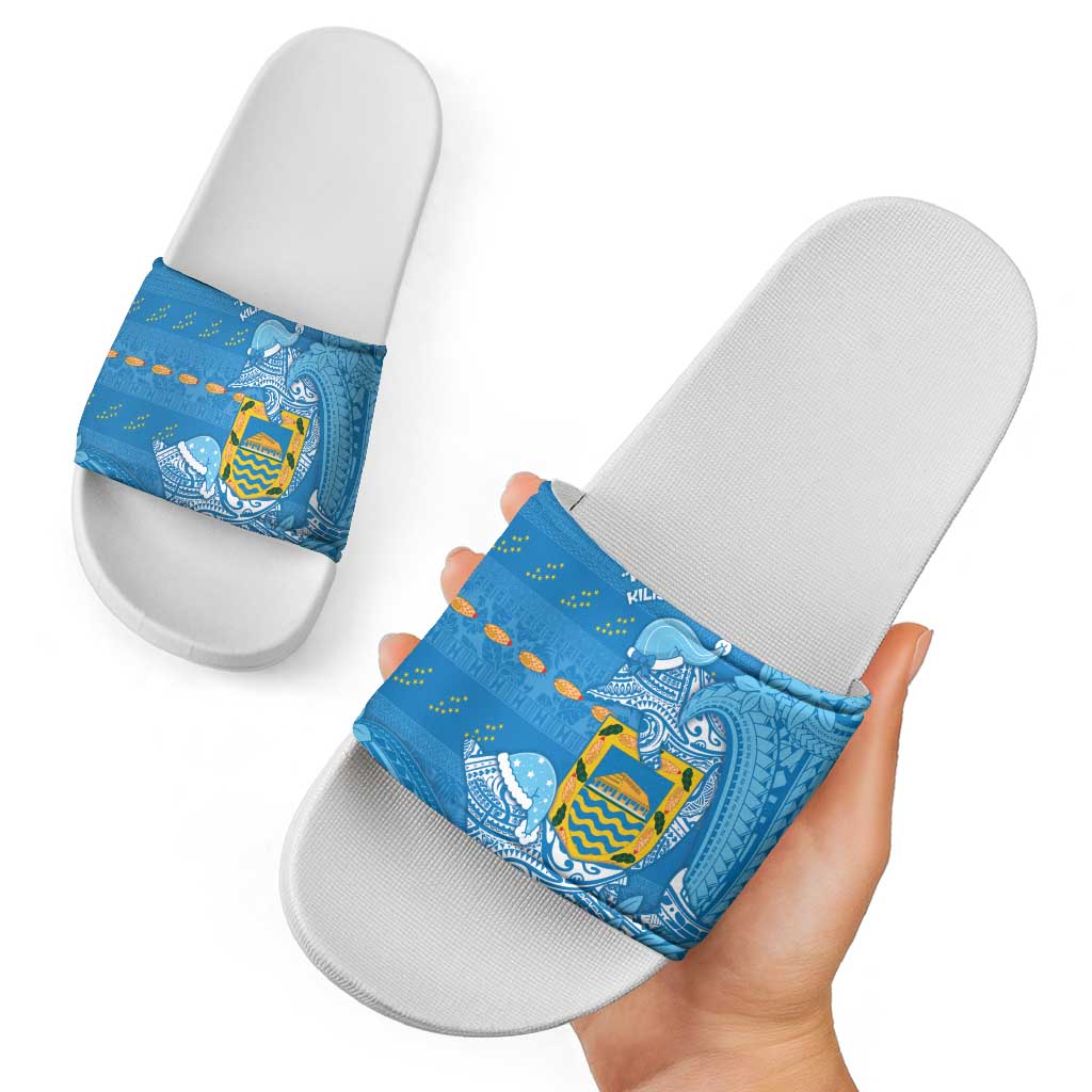 Tuvalu Christmas Slide Sandals Dolphins Santa Xmas Tribal Waves - Polynesian Pride