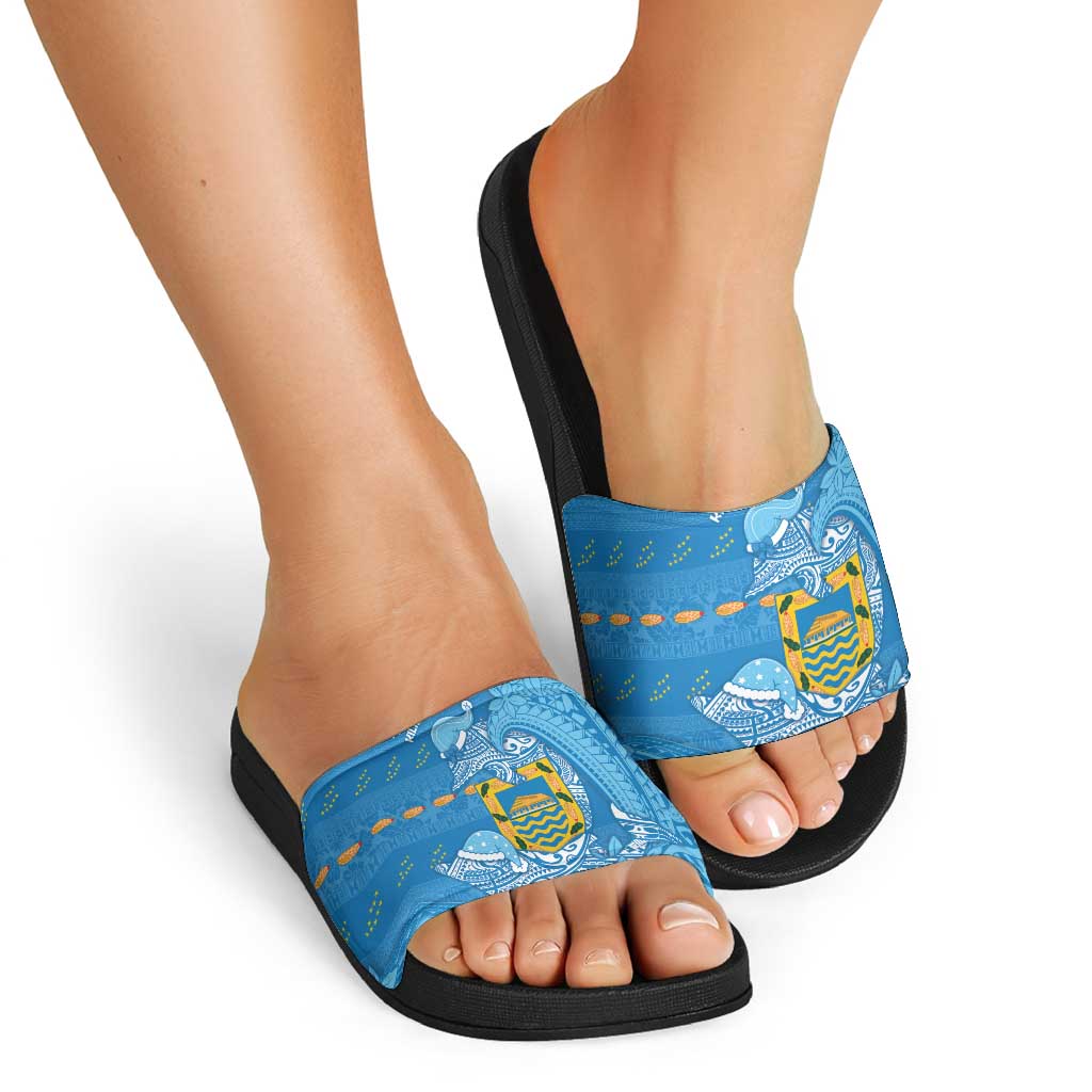 Tuvalu Christmas Slide Sandals Dolphins Santa Xmas Tribal Waves - Polynesian Pride