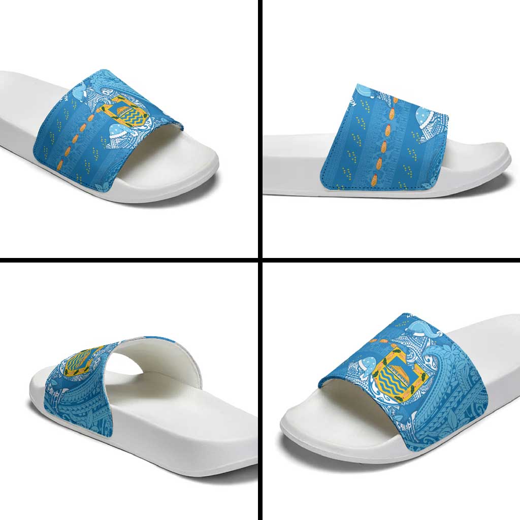 Tuvalu Christmas Slide Sandals Dolphins Santa Xmas Tribal Waves - Polynesian Pride