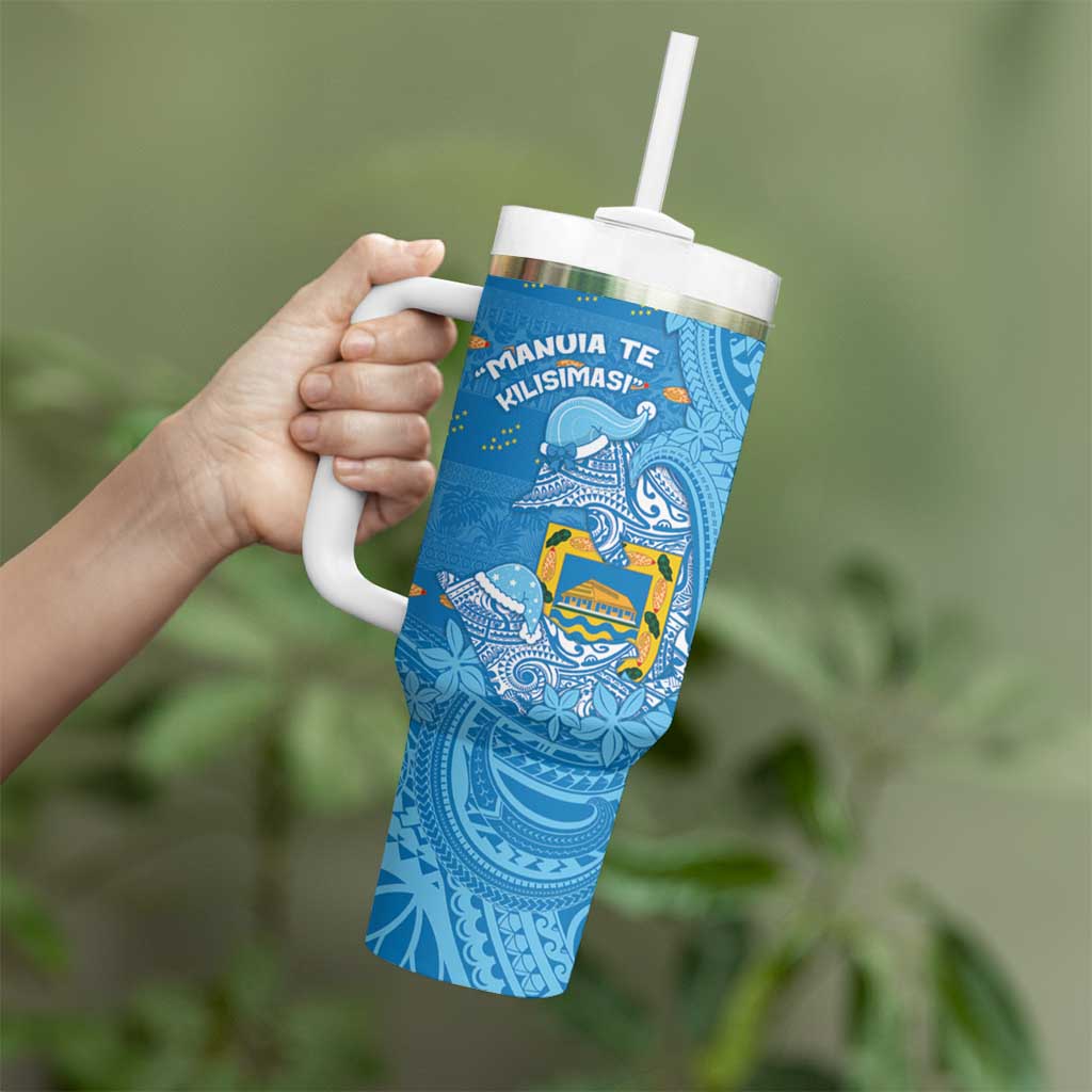 Tuvalu Christmas Tumbler With Handle Dolphins Santa Xmas Tribal Waves - Polynesian Pride