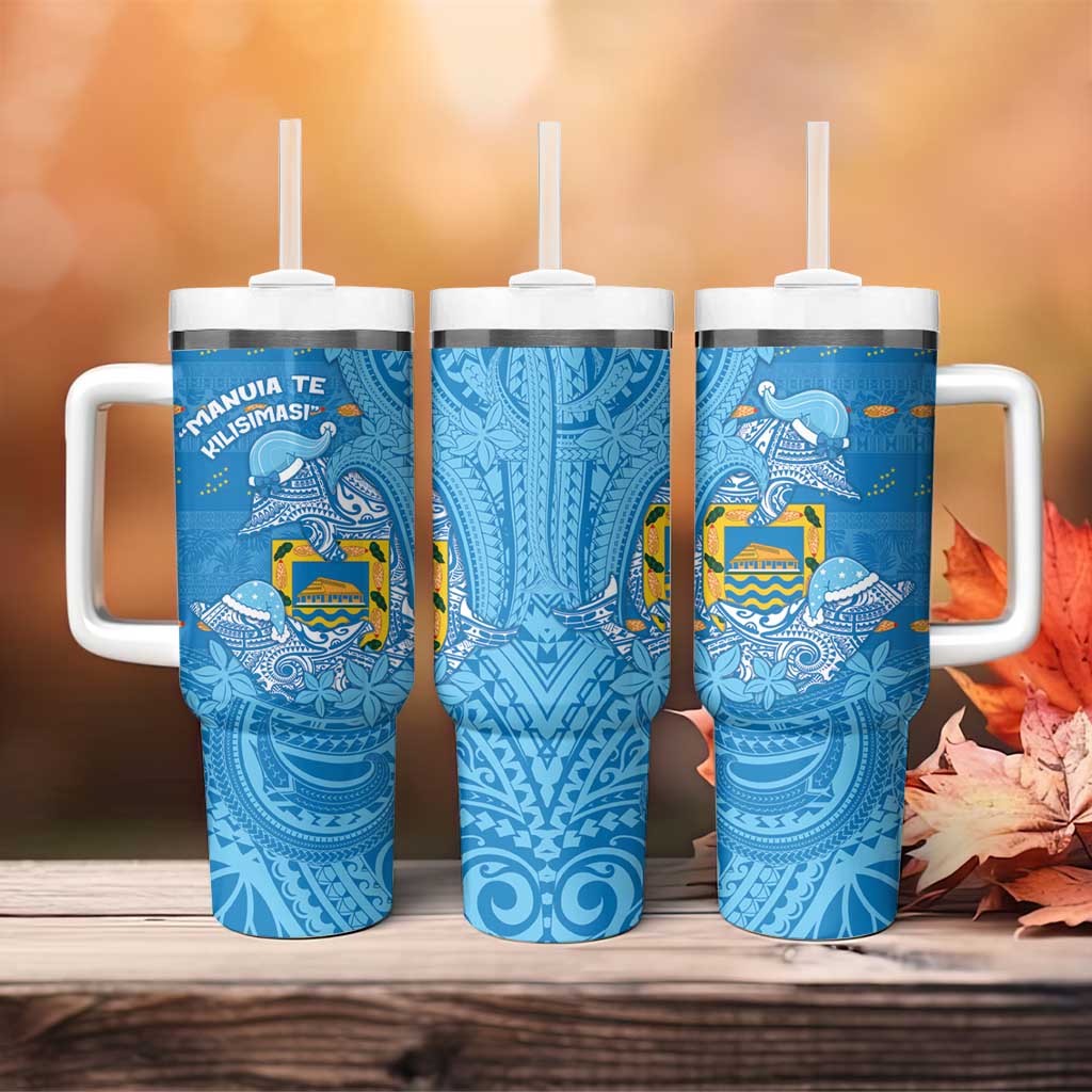 Tuvalu Christmas Tumbler With Handle Dolphins Santa Xmas Tribal Waves - Polynesian Pride