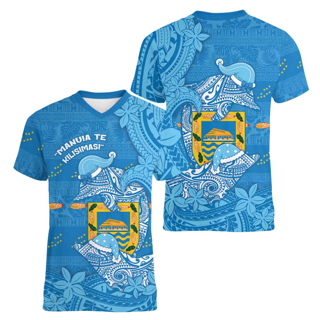 Tuvalu Christmas Women V-Neck T-Shirt Dolphins Santa Xmas Tribal Waves - Polynesian Pride