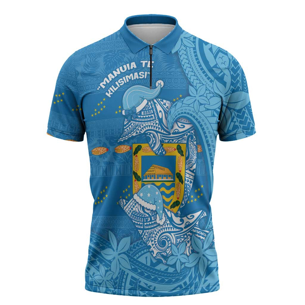 Tuvalu Christmas Zipper Polo Shirt Dolphins Santa Xmas Tribal Waves - Polynesian Pride