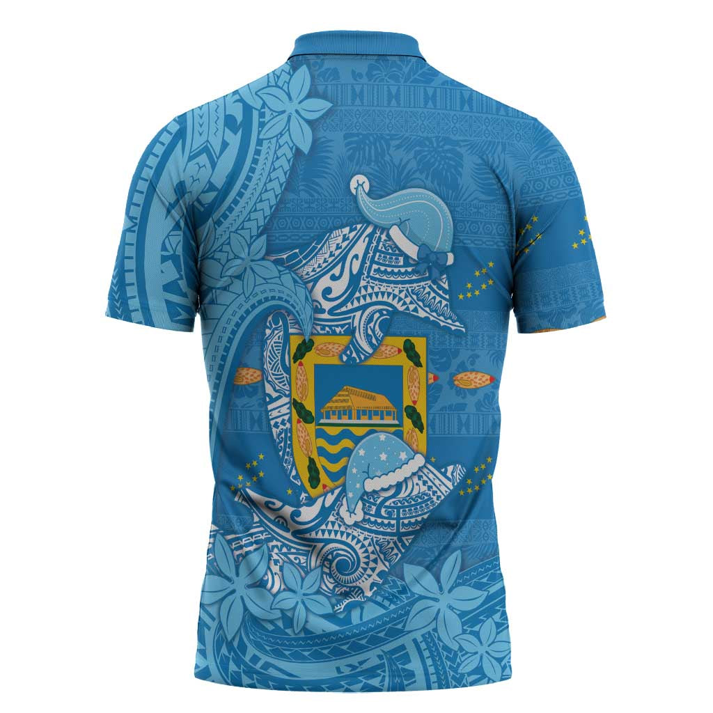Tuvalu Christmas Zipper Polo Shirt Dolphins Santa Xmas Tribal Waves - Polynesian Pride