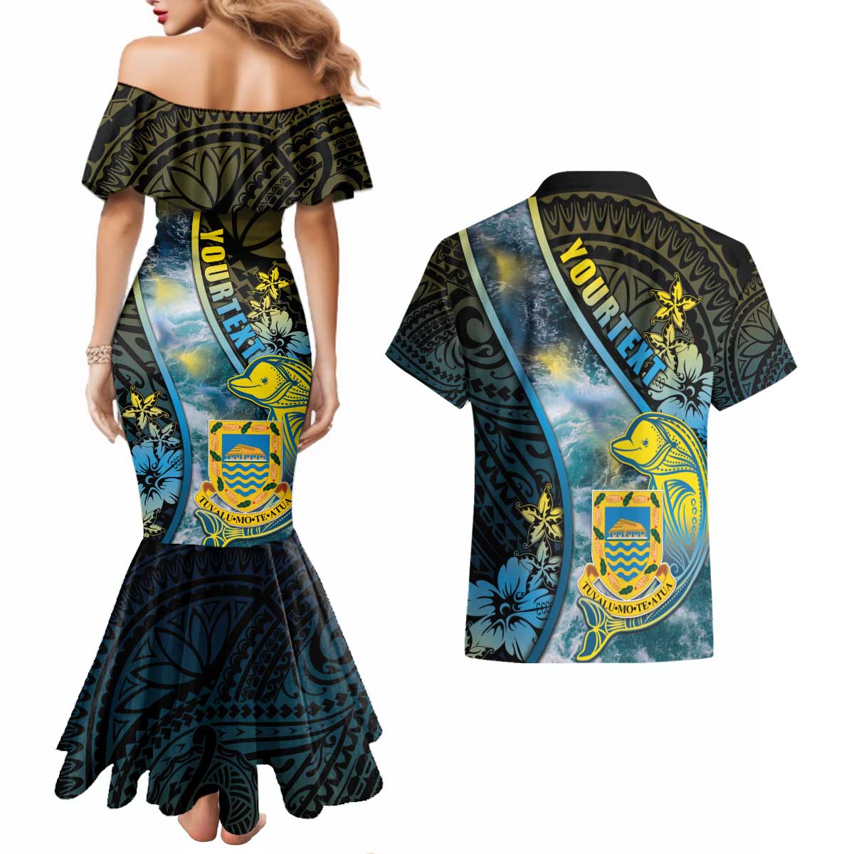 Personalised Tuvalu Couples Matching Mermaid Dress and Hawaiian Shirt Dolphin On The Waves