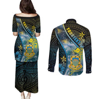 Personalised Tuvalu Couples Matching Puletasi and Long Sleeve Button Shirt Dolphin On The Waves