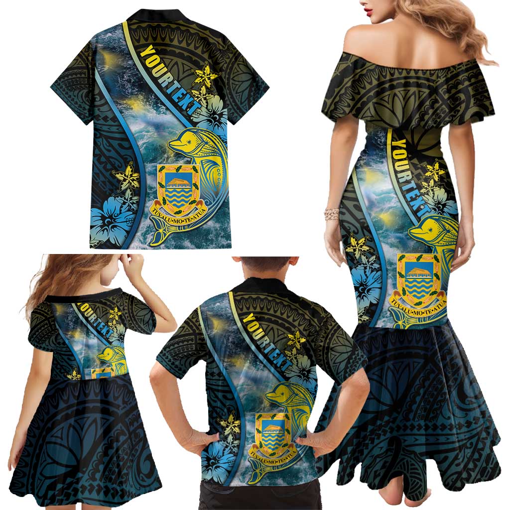 Personalised Tuvalu Family Matching Mermaid Dress and Hawaiian Shirt Dolphin On The Waves
