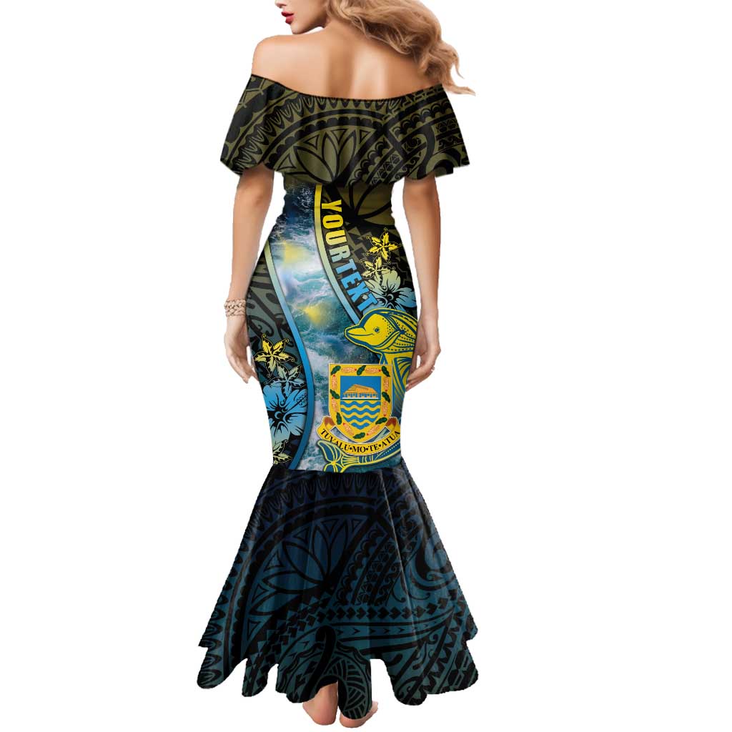 Personalised Tuvalu Family Matching Mermaid Dress and Hawaiian Shirt Dolphin On The Waves