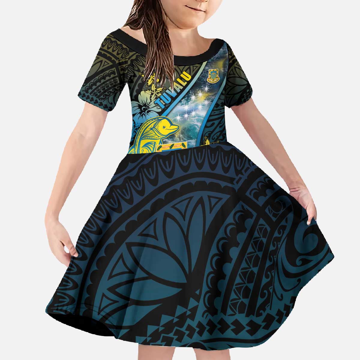 Personalised Tuvalu Family Matching Off The Shoulder Long Sleeve Dress and Hawaiian Shirt Dolphin On The Waves