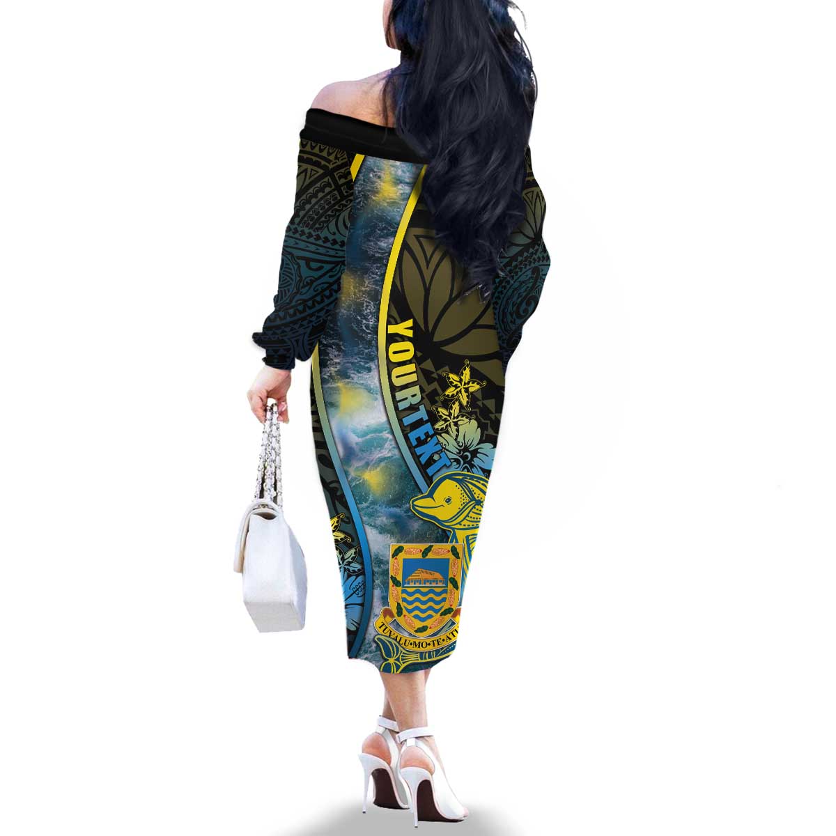 Personalised Tuvalu Family Matching Off The Shoulder Long Sleeve Dress and Hawaiian Shirt Dolphin On The Waves
